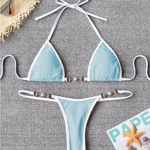 Chic Blue and White Bikini with Gold Detail